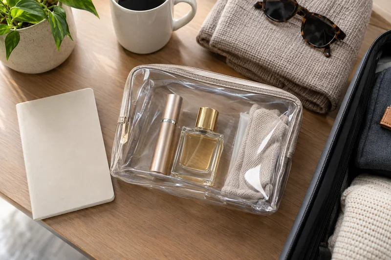 Atomizador de 10 mL con tapa y frasco de perfume compacto de vidrio, empaquetados en una bolsa de aseo transparente para viaje