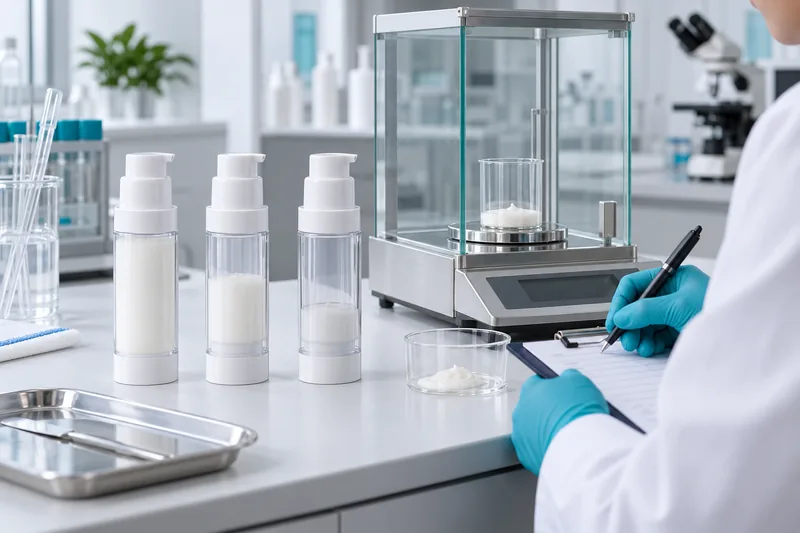 Airless cosmetic pump bottles undergoing a gravimetric evacuation-rate test in a quality laboratory