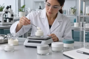 Packaging engineer weighing face cream in cosmetic jars beside a graduated cylinder