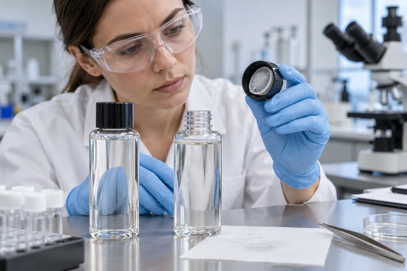 Laboratory inspection of a swollen cosmetic bottle cap gasket after formula exposure