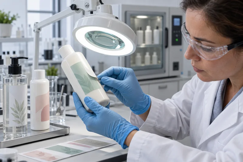 Packaging quality engineer inspecting a lifted pressure-sensitive label edge on a cosmetic bottle
