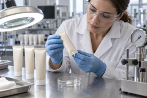مهندس جودة يقوم بفحص أنبوب مستحضرات تجميل قابل للضغط يتسرب منه السائل عند الختم الخلفي المسطح