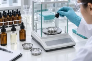 Laboratory measurement of cosmetic dropper bottle dosage consistency using an analytical balance