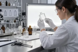 Quality inspector examining clear cosmetic glass bottles under diffuse backlighting