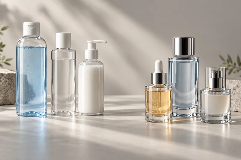 Lightweight PET cosmetic bottles compared with thick-wall glass-like PETG cosmetic bottles