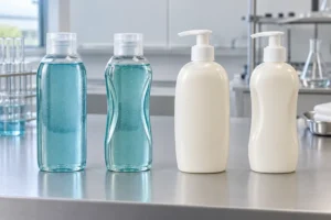 Normal and inward-paneled PET shampoo and HDPE lotion bottles compared in a packaging laboratory