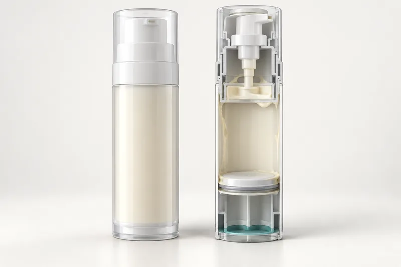 Cutaway of a piston airless cosmetic bottle showing pump-path, wall-film and piston-perimeter residue