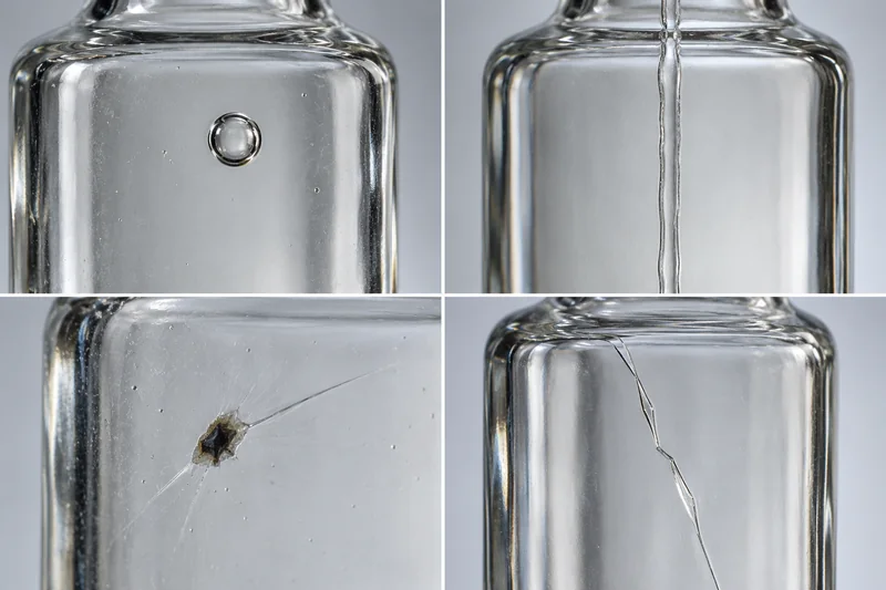 Comparación a nivel macro de una burbuja encerrada, una línea de molde, una inclusión de piedra y una grieta en botellas de vidrio transparente