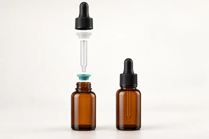 Exploded cosmetic dropper assembly showing bulb collar seal pipette tip and bottle reducer
