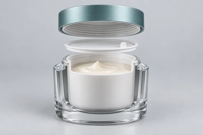 Cutaway double-wall cosmetic cream jar with inner cup, product headspace and sealing disc