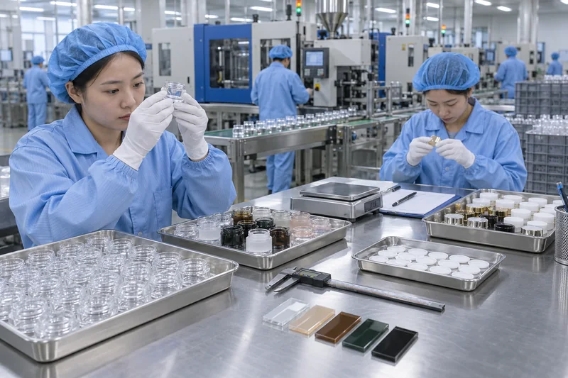 Inspectores de calidad revisando las tapas y los discos internos de pequeños frascos de crema para los ojos en una fábrica china de empaques para cosméticos