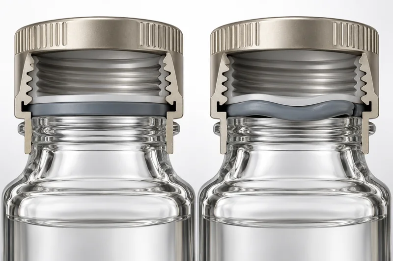 Cutaway comparison of a correctly compressed gasket and a swollen buckled gasket in a cosmetic bottle cap