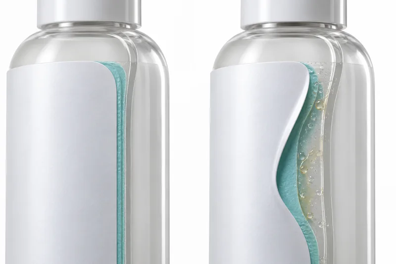 Cutaway comparison of complete label adhesive contact and edge lift caused by moisture and oil contamination