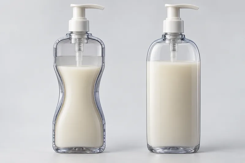 Cutaway comparison of a lotion bottle with inward sidewalls under negative internal pressure and an intact bottle