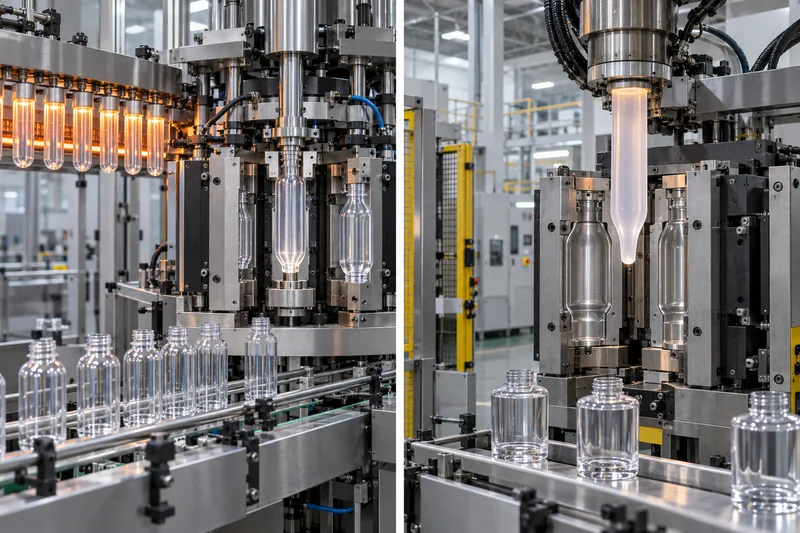 PET preform stretch blow molding line compared with a thick-wall PETG bottle blow molding process