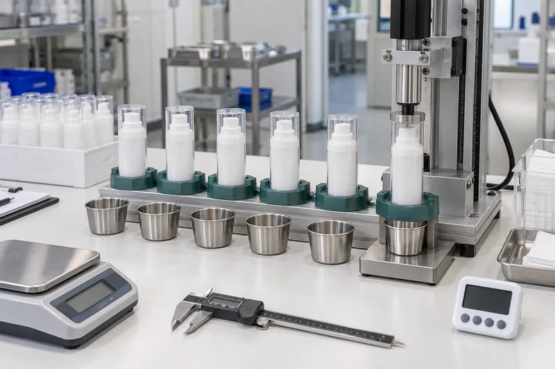 Production-representative airless pump bottles in a controlled full-stroke dispensing test fixture