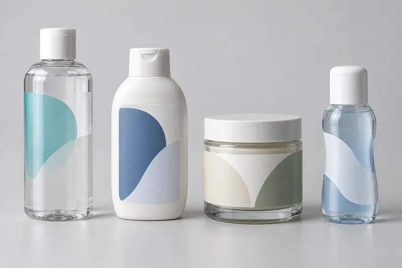 PET HDPE glass and curved cosmetic bottles shown with different paper and film label constructions