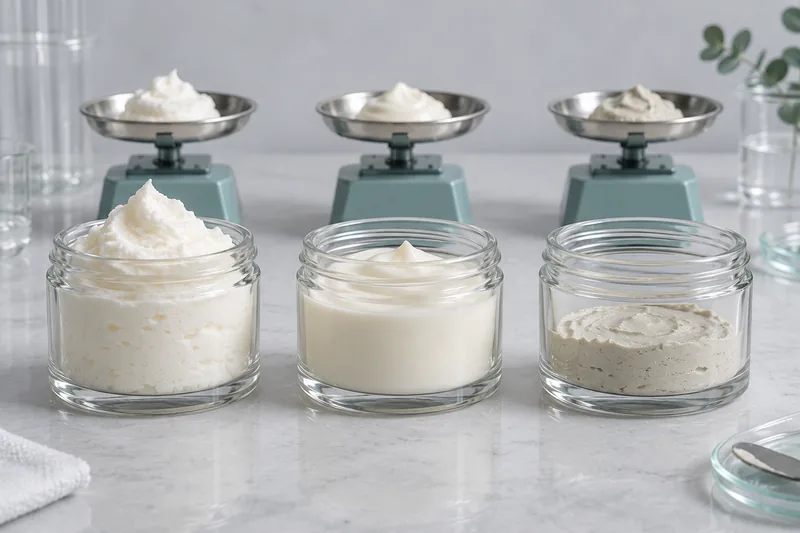 Equal masses of whipped cream, smooth emulsion and dense mask at different fill heights