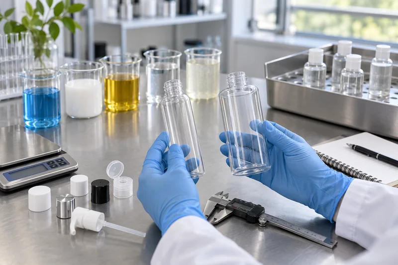 Packaging engineer comparing PET and PETG bottles with toner lotion oil shampoo and alcohol-based cosmetic formula samples