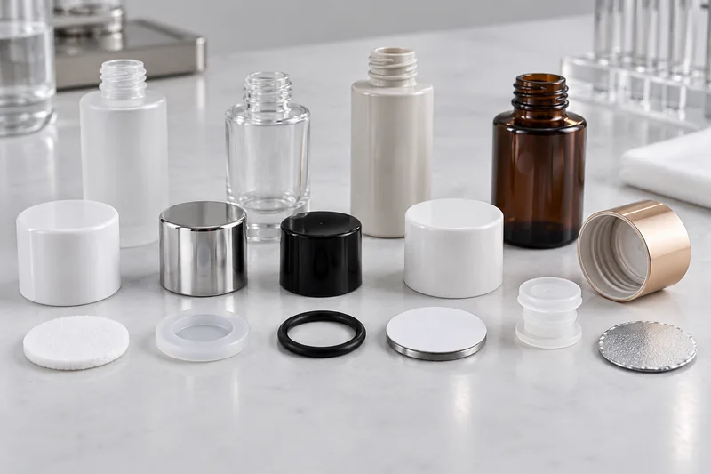 Cosmetic packaging sealing components including foam liners silicone washers O-rings plugs and foil seals