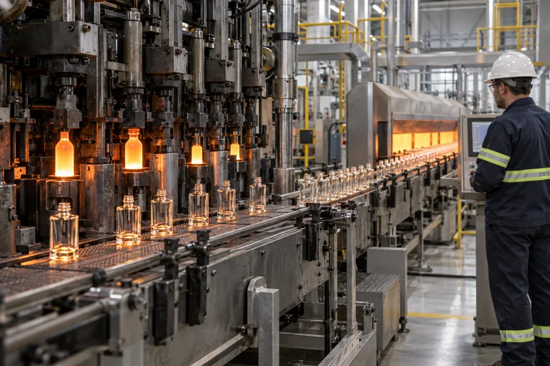 Línea de moldeo de frascos de vidrio para cosméticos, con un técnico de procesos que supervisa la producción