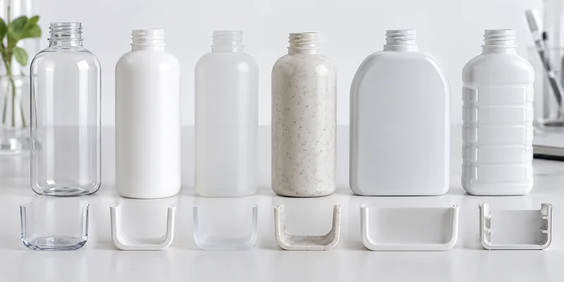 PET, HDPE, PP and PCR cosmetic bottle samples with different shapes and wall structures