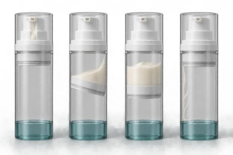 Comparison of pump-path residue, a tilted piston, a stalled piston and wall-film residue in airless bottles