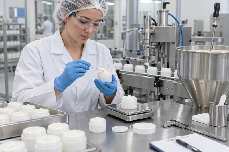 Quality technician weighing filled cosmetic jars during a production-intent filling trial