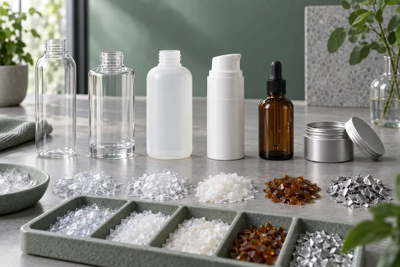 PET PETG HDPE PP glass and aluminum cosmetic packaging materials arranged for recycling evaluation
