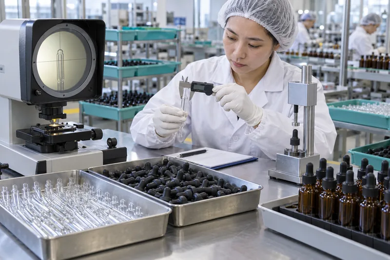 Factory quality inspection of cosmetic dropper pipettes bulbs and assembled bottles