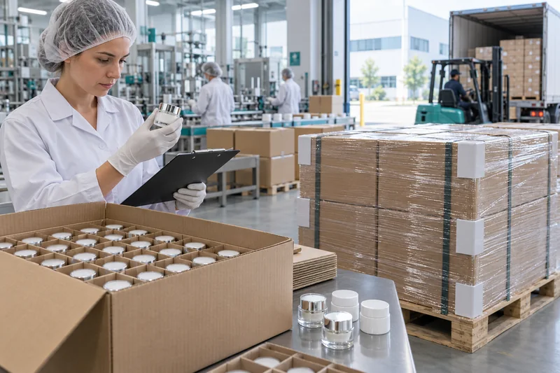 Frascos de crema para los ojos protegidos en bandejas con separadores durante la inspección final y el empaque para la exportación