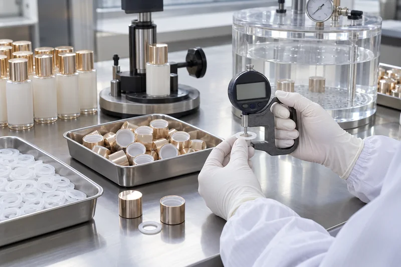 Factory quality control measuring cosmetic cap gasket thickness beside torque and leak-testing equipment