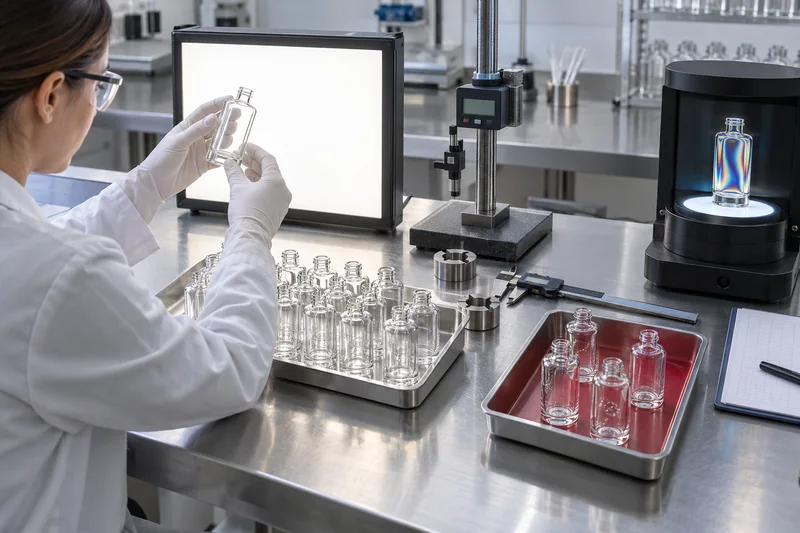 Laboratorio de inspección de frascos de vidrio para cosméticos con luz de fondo, medidores, calibres y polariscopio