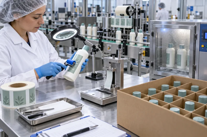 Factory quality technician checking cosmetic bottle label application beside peel and humidity test equipment