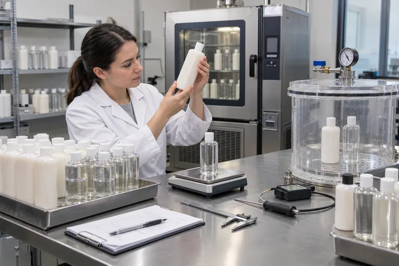 Packaging technician validating filled shampoo and lotion bottles with balance, calipers, environmental chamber and reduced-pressure equipment
