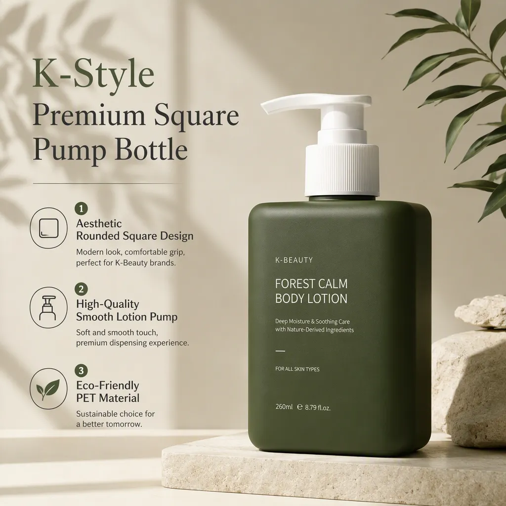 Professional Leak Proof PET Shampoo Lotion Pump 200ml 260ml Flat Shoulder Empty PETG Square Bottle