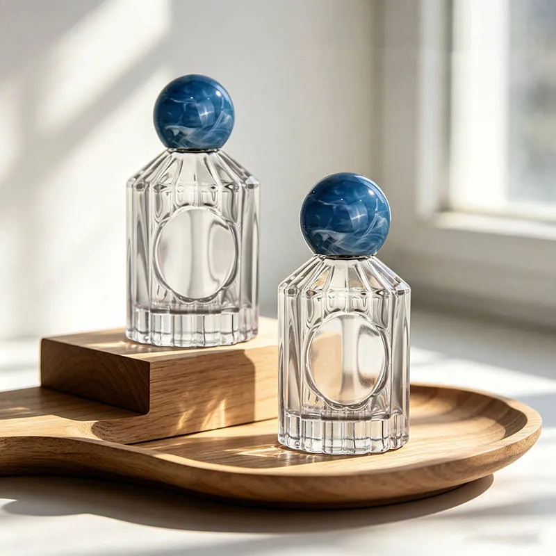 50ml 100ml Clear Glass Perfume Bottle Vertical Ribbed Fragrance Sprayer with Marble Ball Cap