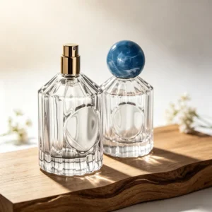 50ml 100ml Clear Glass Perfume Bottle Vertical Ribbed Fragrance Sprayer with Marble Ball Cap