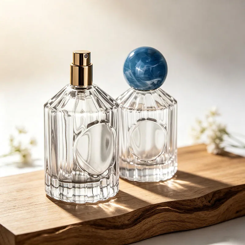 50ml 100ml Clear Glass Perfume Bottle Vertical Ribbed Fragrance Sprayer with Marble Ball Cap