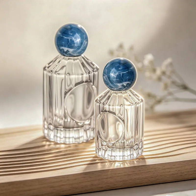 Hbf827f1dff4f4fe383343 50ml 100ml Clear Glass Perfume Bottle Vertical Ribbed Fragrance Sprayer with Marble Ball Cap