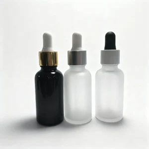 Frasco de vidrio redondo esmerilado para suero y aceite, sin contenido, de 5 ml, 10 ml, 15 ml, 30 ml, 50 ml y 100 ml, con tapón dosificador plateado mate
