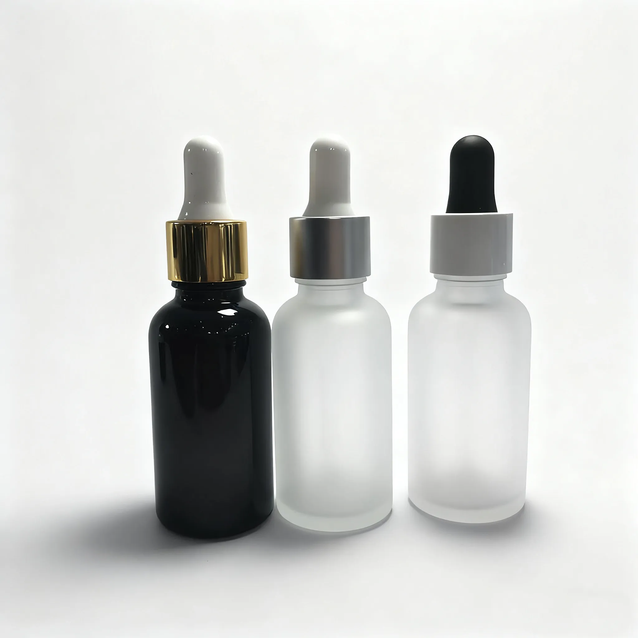 Frasco de vidrio redondo esmerilado para suero y aceite, sin contenido, de 5 ml, 10 ml, 15 ml, 30 ml, 50 ml y 100 ml, con tapón dosificador plateado mate