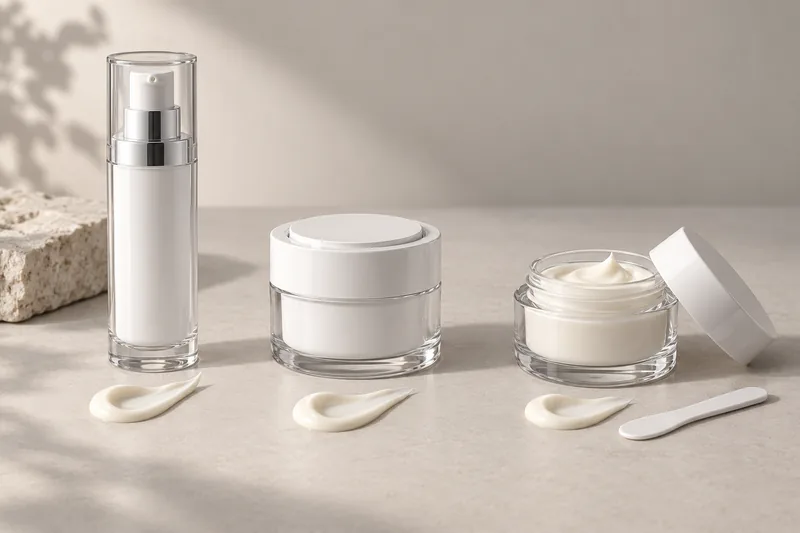 Frasco airless, tarro airless y tarro convencional comparados con una misma textura de crema