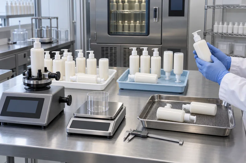 Alternate supplier cosmetic bottles undergoing dimensional, torque, pump output, leakage and stability testing