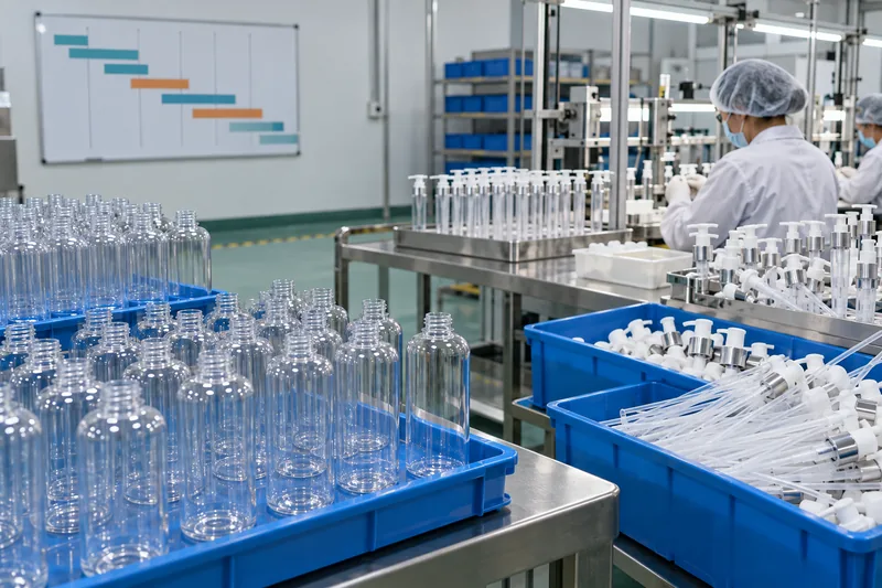 Des flacons de cosmétiques finis sont mis en place alors que les pompes à lotion et les tubes plongeurs sont encore en cours d'assemblage