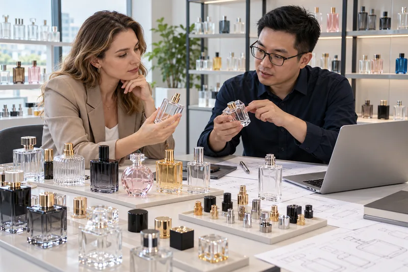 Fragrance brand buyer and Chinese packaging engineer comparing empty perfume bottles, pumps, collars and caps in a factory sample room