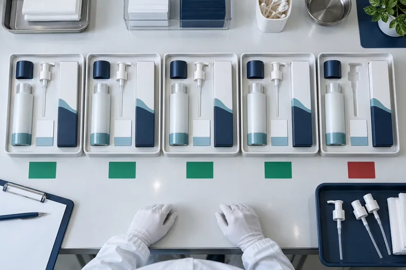 Quatre kits complets d'emballages cosmétiques, ainsi qu'un kit auquel il manque une pompe à lotion