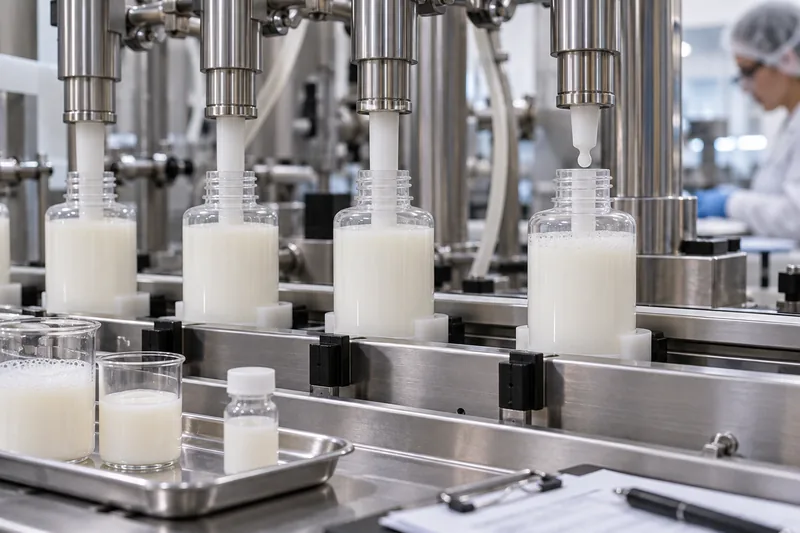 Boquillas de inmersión que llenan frascos de loción cosmética durante un estudio controlado sobre la formación de espuma, el goteo y las fugas