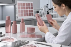 Farbingenieur beim Vergleich von Kosmetikflakons und Verschlüssen in der Farbe „Dusty Rose“ mit glänzender, matter und transluzenter Oberfläche