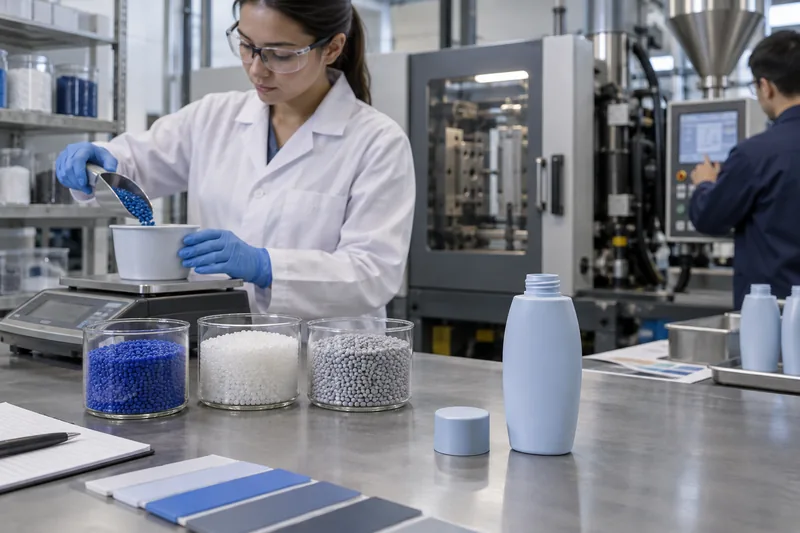 Techniker beim Abwiegen von blauem Masterbatch neben Naturharz, einem geformten Verschluss und einem Prototyp einer blasgeformten Kosmetikflasche